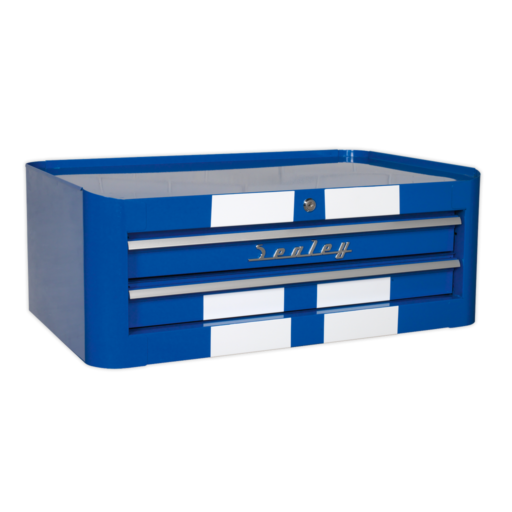 Retro Style Mid-Box Tool Chest 2 Drawer - Blue with White Stripes AP28102BWS
