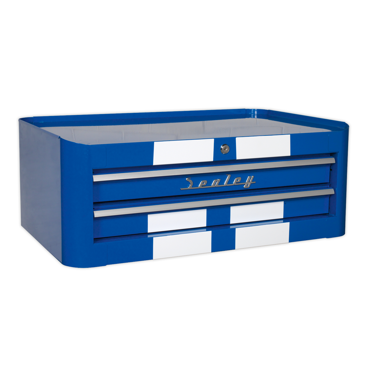 Retro Style Mid-Box Tool Chest 2 Drawer - Blue with White Stripes AP28102BWS