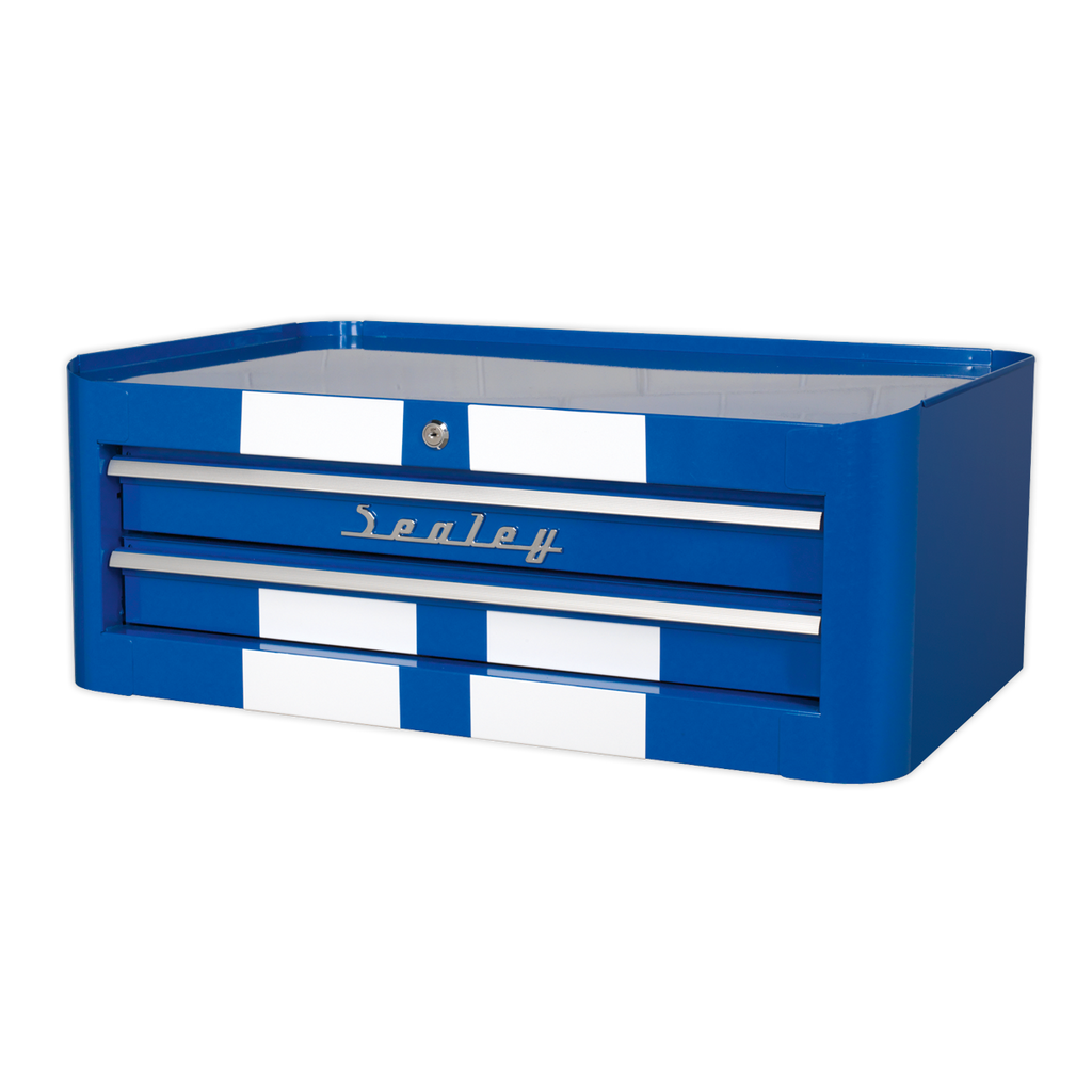Retro Style Mid-Box Tool Chest 2 Drawer - Blue with White Stripes AP28102BWS