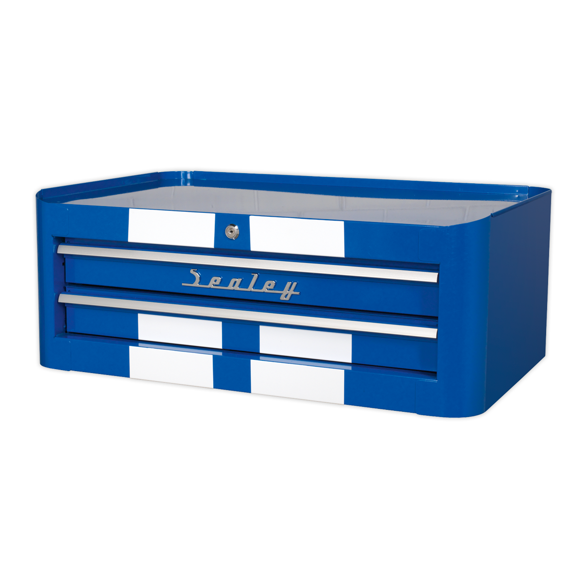 Retro Style Mid-Box Tool Chest 2 Drawer - Blue with White Stripes AP28102BWS
