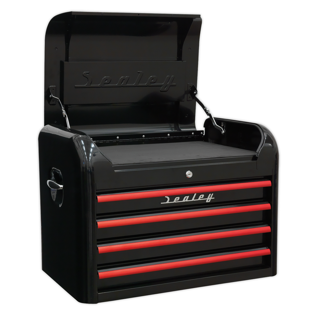 Retro Style Topchest 4 Drawer - Black with Red Anodised Drawer Pulls AP28104BR