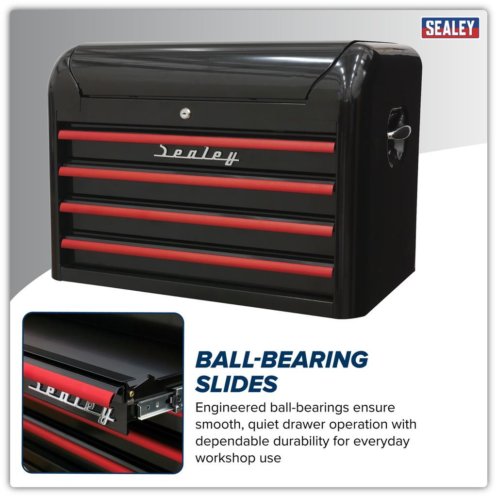 Retro Style Topchest 4 Drawer - Black with Red Anodised Drawer Pulls AP28104BR