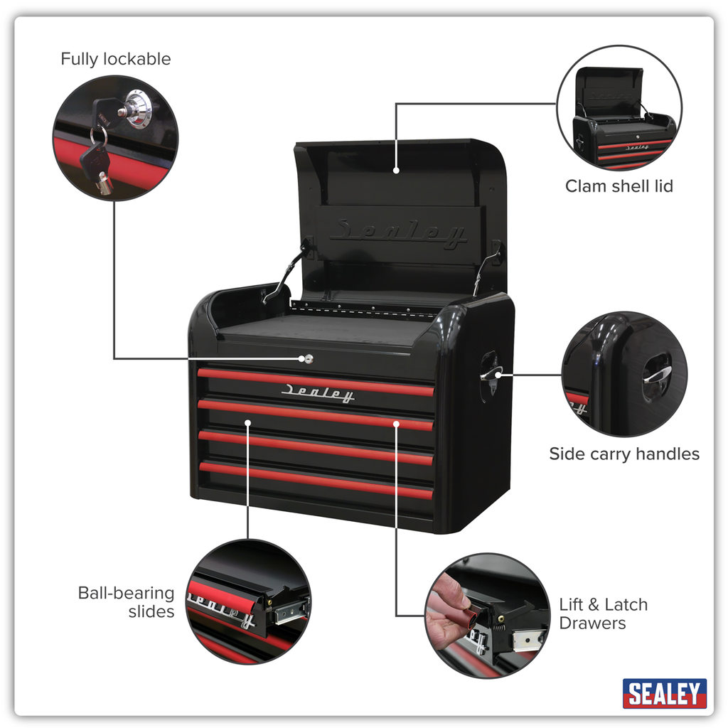 Retro Style Topchest 4 Drawer - Black with Red Anodised Drawer Pulls AP28104BR