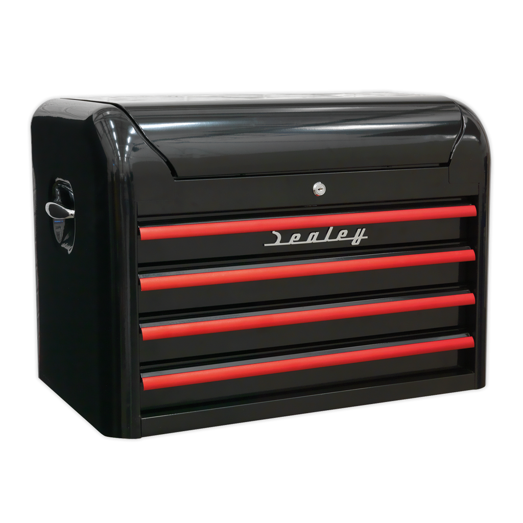 Retro Style Topchest 4 Drawer - Black with Red Anodised Drawer Pulls AP28104BR