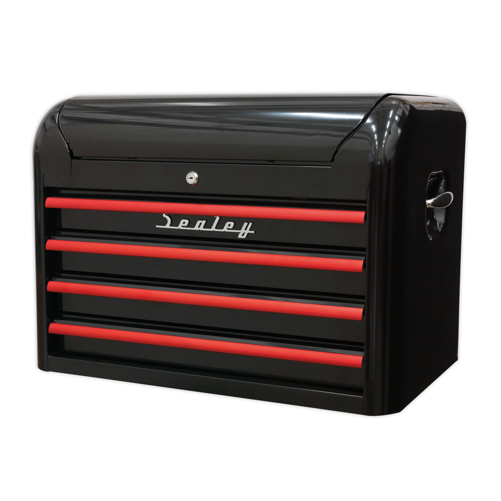Retro Style Topchest 4 Drawer - Black with Red Anodised Drawer Pulls AP28104BR