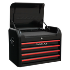 Retro Style Topchest, Mid-Box Tool Chest & Rollcab Combination 10 Drawer - Black with Red Anodised Drawer Pulls AP28COMBO2BR