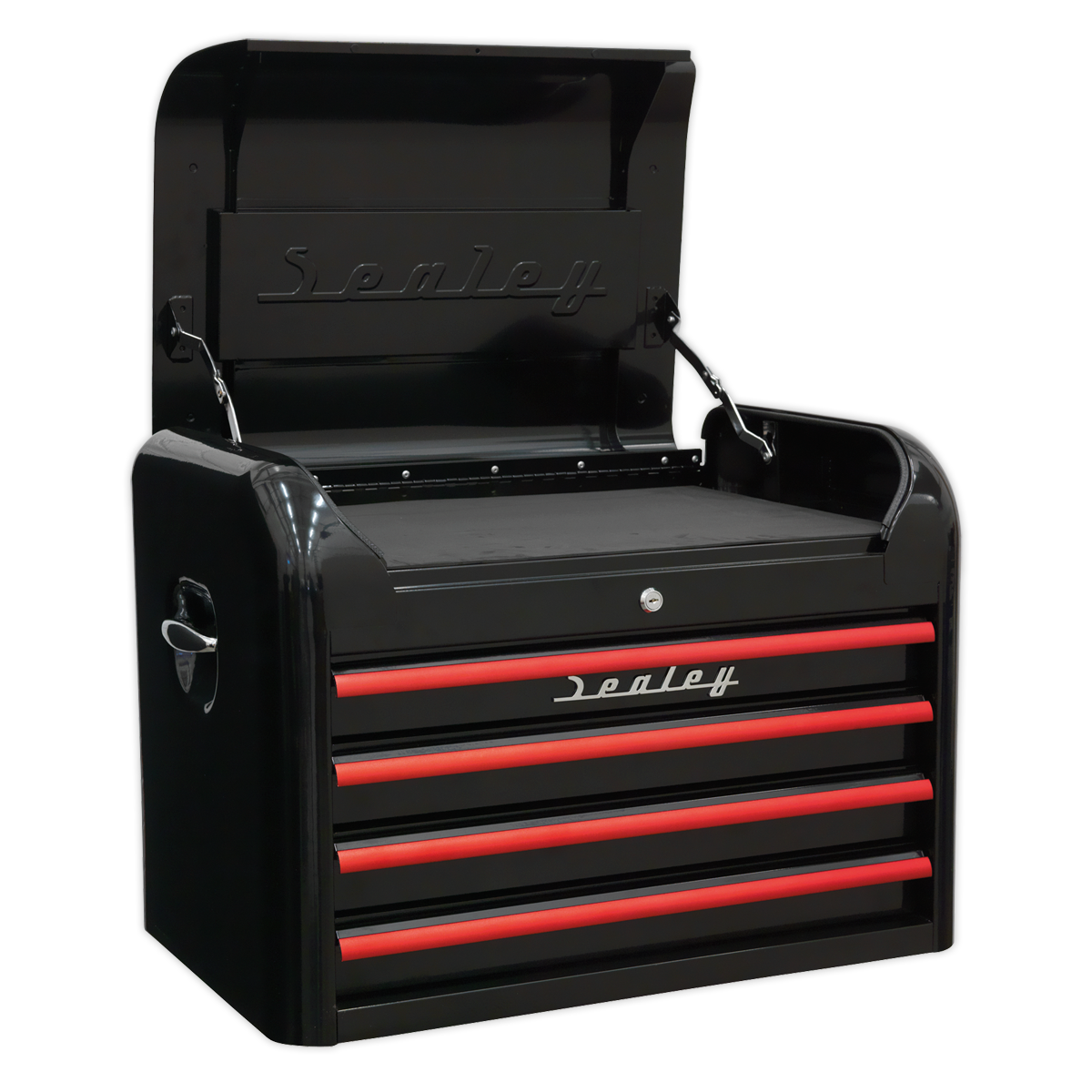 Retro Style Topchest, Mid-Box Tool Chest & Rollcab Combination 10 Drawer - Black with Red Anodised Drawer Pulls AP28COMBO2BR