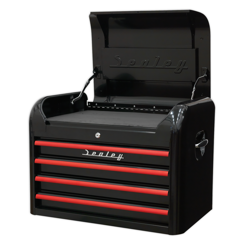 Retro Style Topchest 4 Drawer - Black with Red Anodised Drawer Pulls AP28104BR