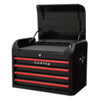 Retro Style Topchest 4 Drawer - Black with Red Anodised Drawer Pulls AP28104BR