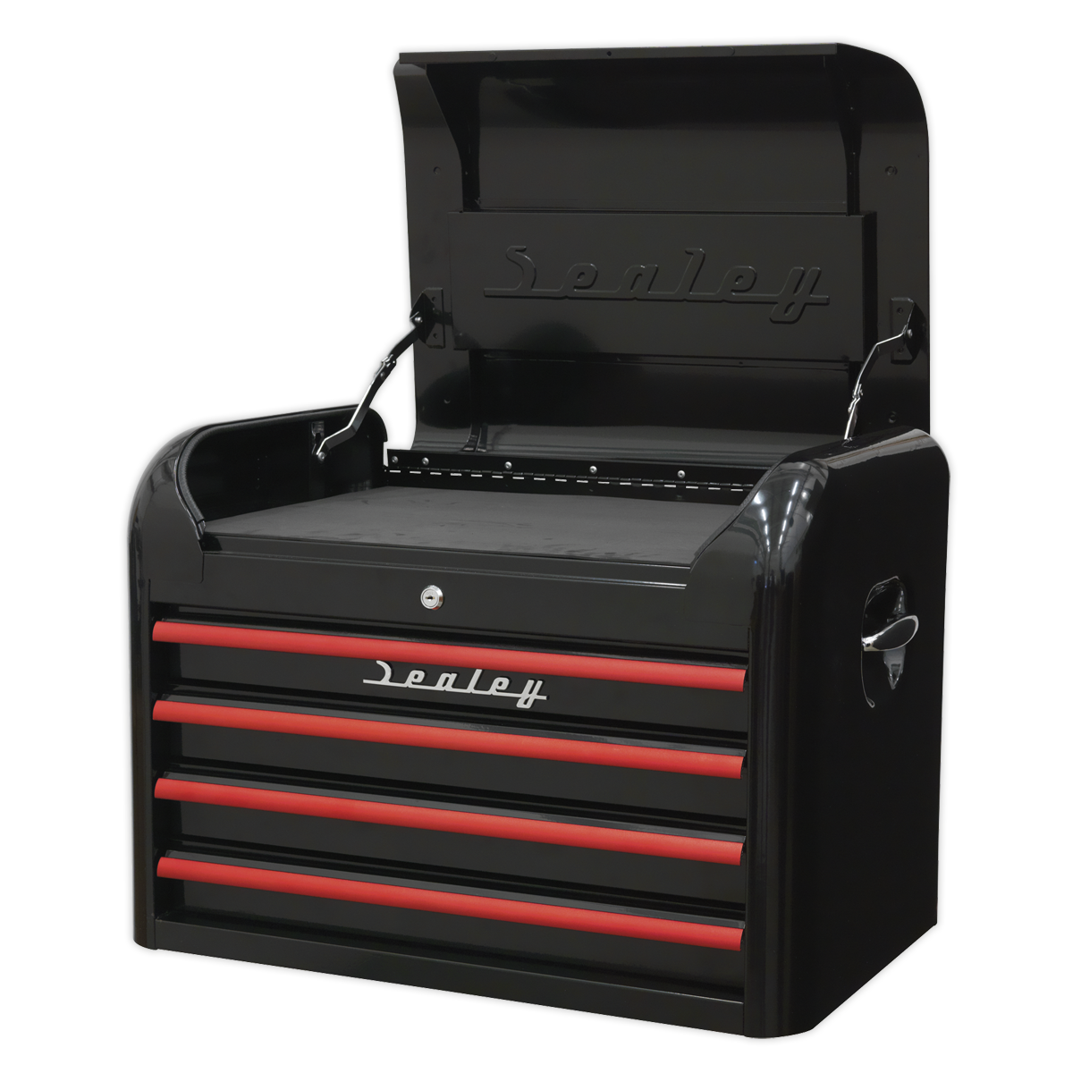 Retro Style Topchest 4 Drawer - Black with Red Anodised Drawer Pulls AP28104BR
