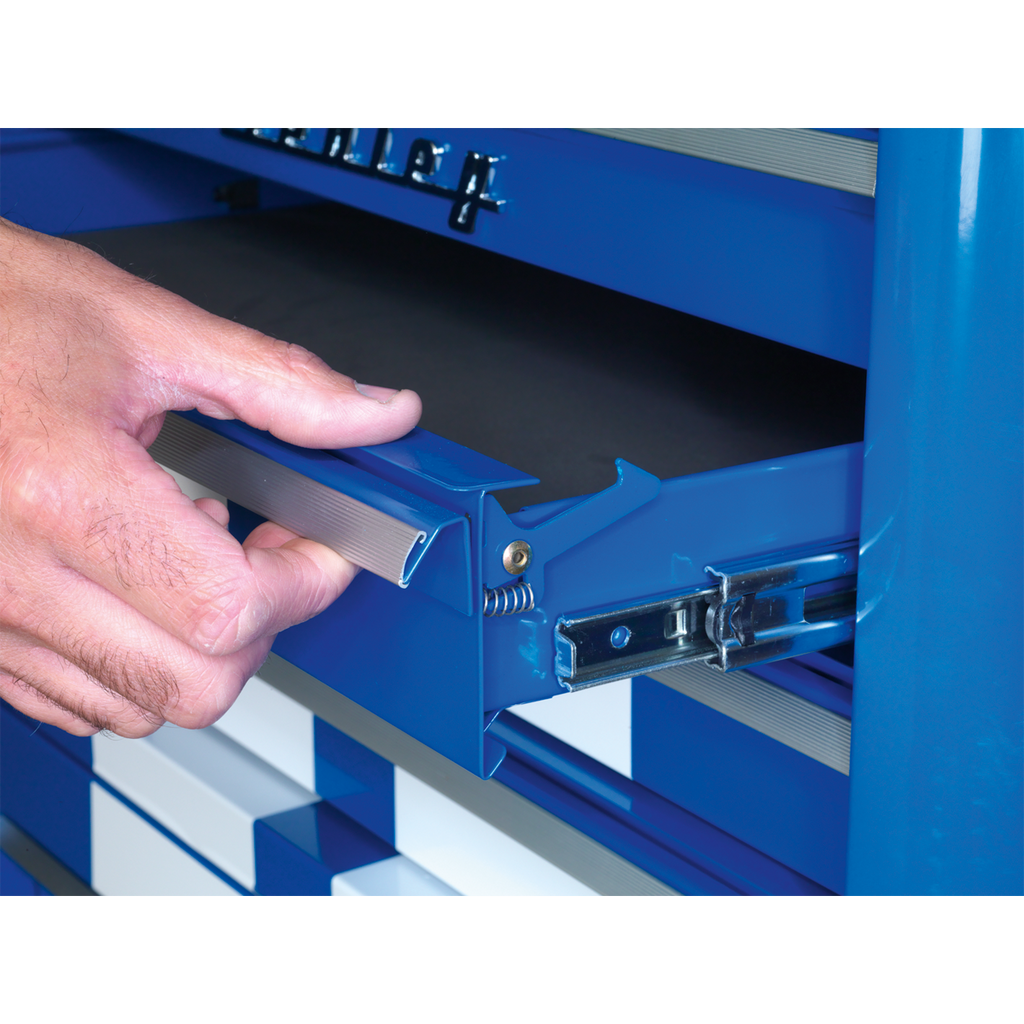 Retro Style Topchest, Mid-Box Tool Chest & Rollcab Combination 10 Drawer - Blue with White Stripes AP28COMBO2BWS