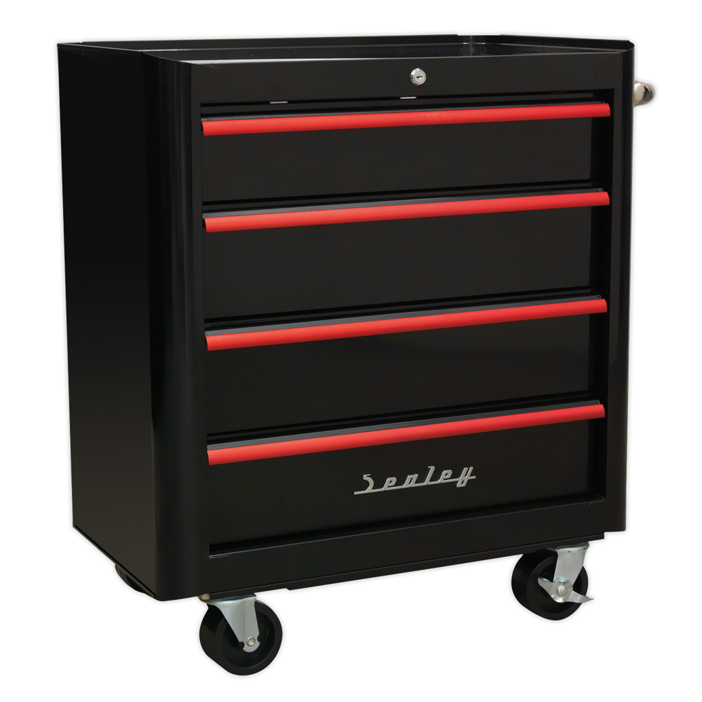 Retro Style Rollcab 4 Drawer - Black with Red Anodised Drawer Pulls AP28204BR