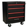 Retro Style Rollcab 4 Drawer - Black with Red Anodised Drawer Pulls AP28204BR