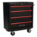 Retro Style Rollcab 4 Drawer - Black with Red Anodised Drawer Pulls AP28204BR