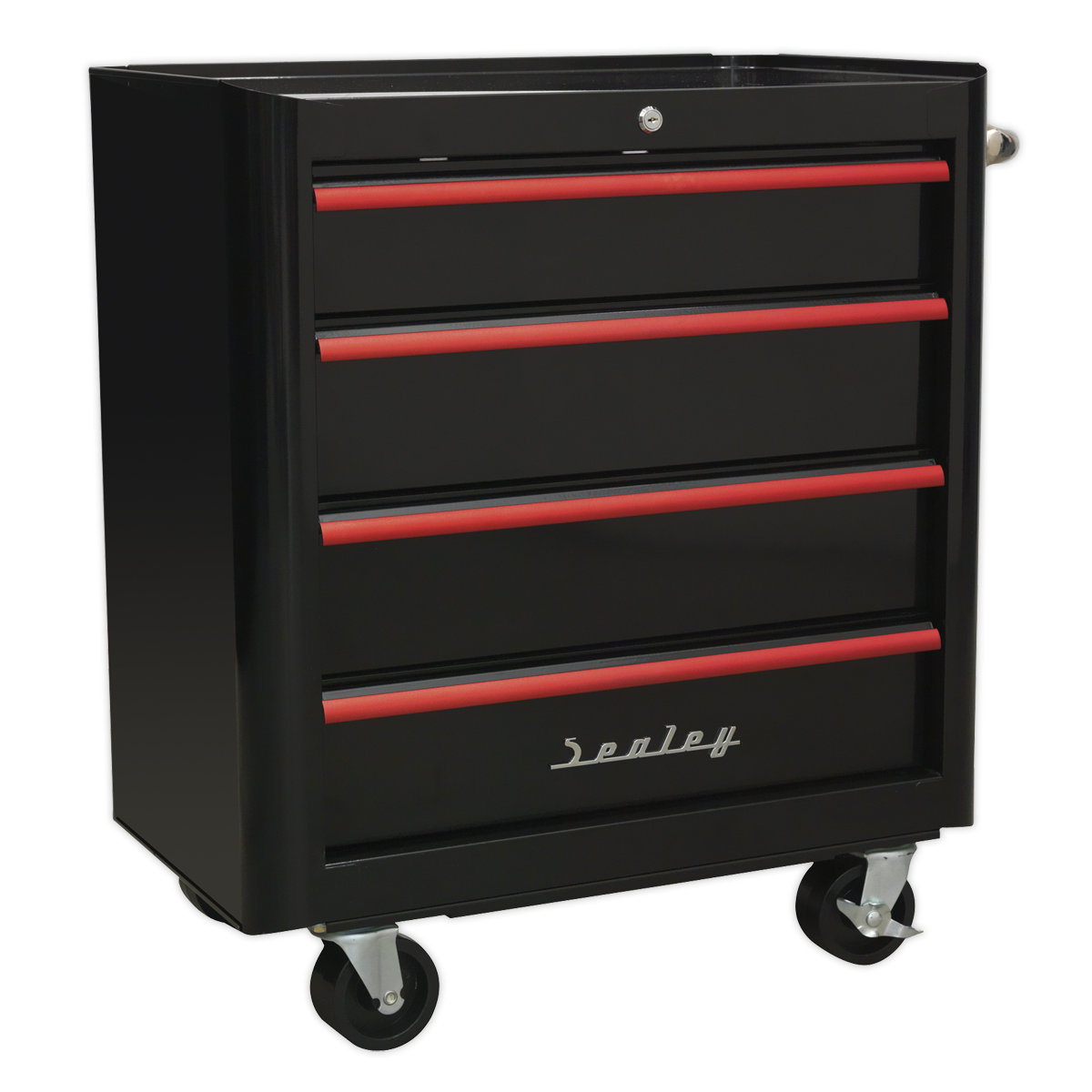 Retro Style Rollcab 4 Drawer - Black with Red Anodised Drawer Pulls AP28204BR