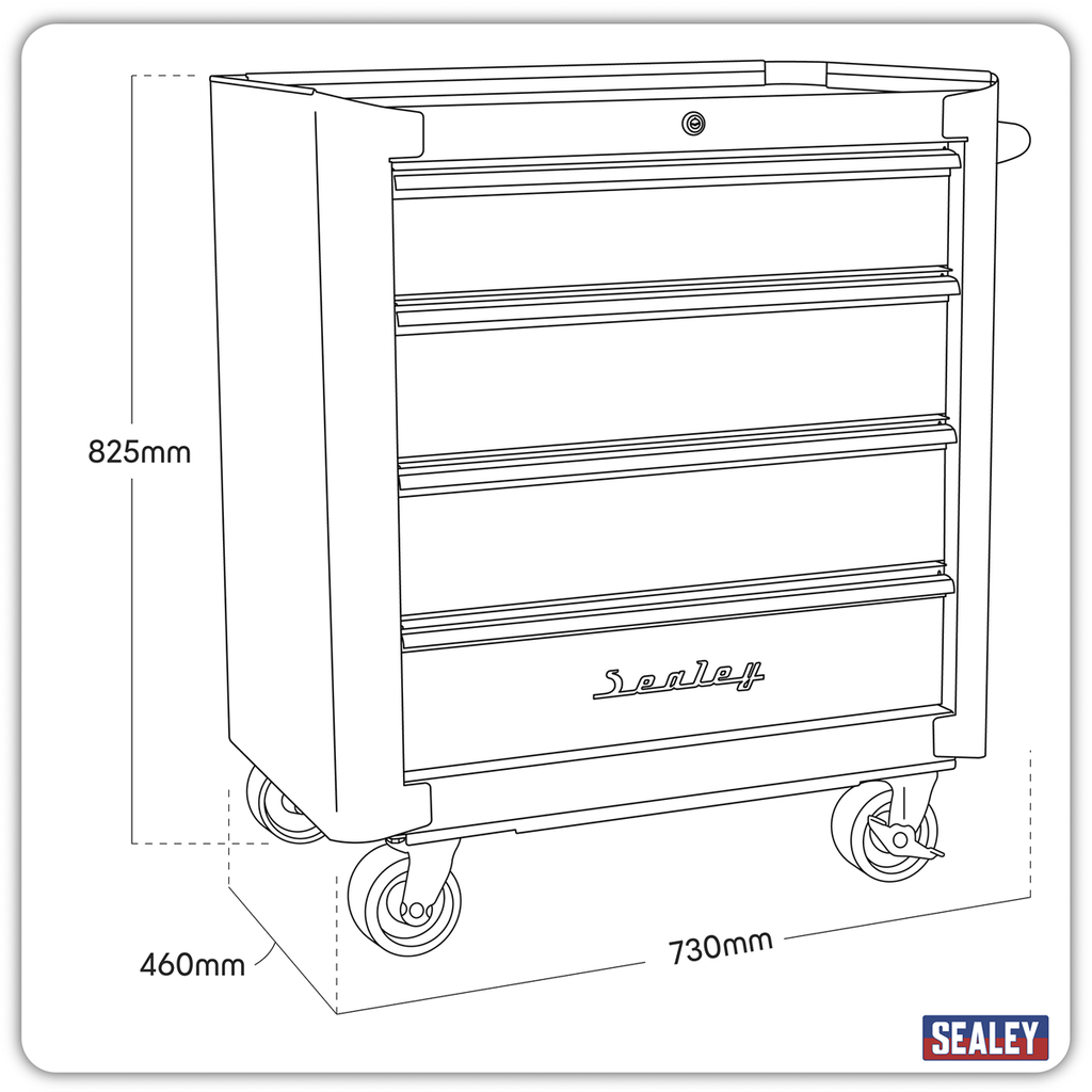 Retro Style Rollcab 4 Drawer - Black with Red Anodised Drawer Pulls AP28204BR