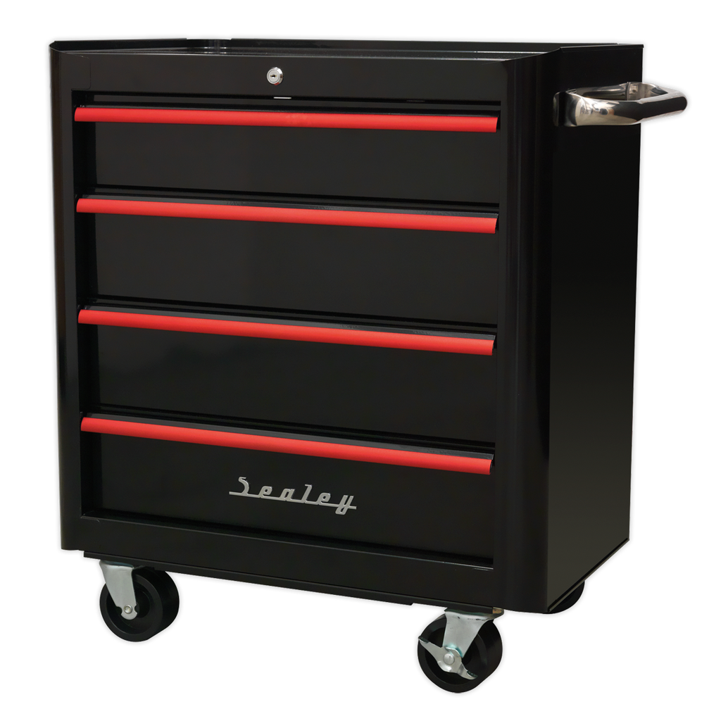 Retro Style Rollcab 4 Drawer - Black with Red Anodised Drawer Pulls AP28204BR