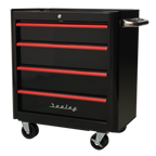 Retro Style Rollcab 4 Drawer - Black with Red Anodised Drawer Pulls AP28204BR