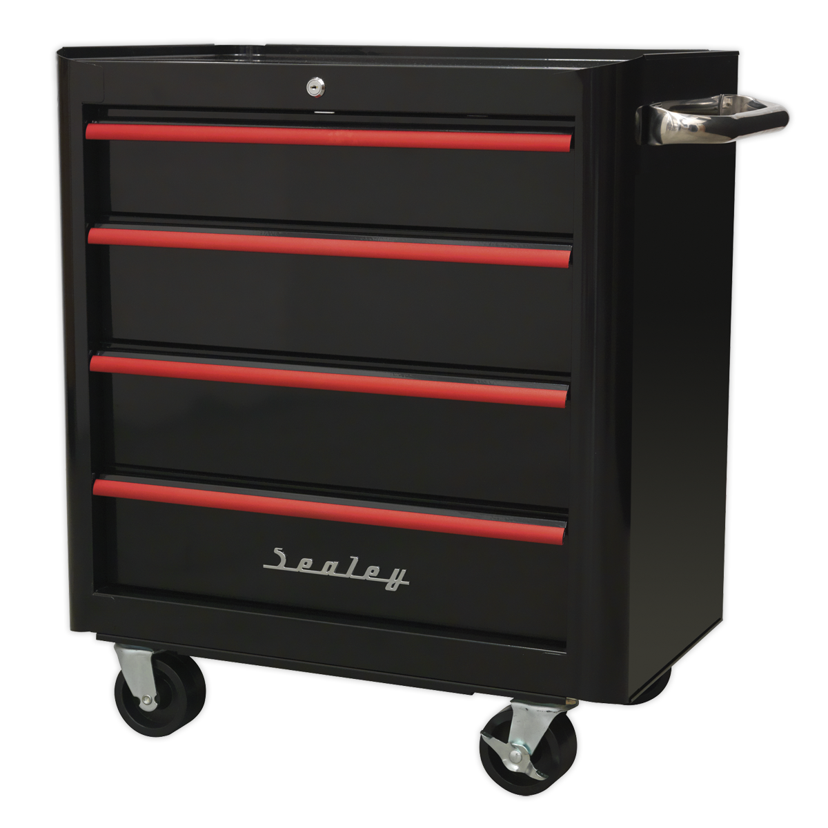 Retro Style Rollcab 4 Drawer - Black with Red Anodised Drawer Pulls AP28204BR