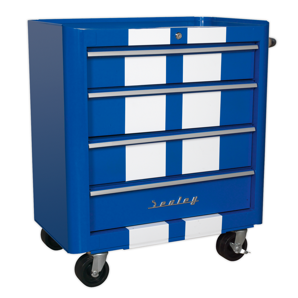 Retro Style Topchest, Mid-Box Tool Chest & Rollcab Combination 10 Drawer - Blue with White Stripes AP28COMBO2BWS