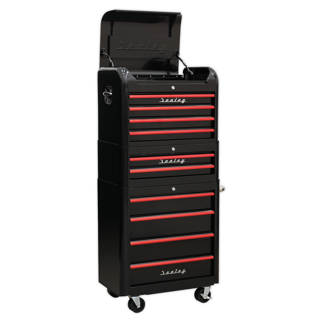 Retro Style Topchest, Mid-Box Tool Chest & Rollcab Combination 10 Drawer - Black with Red Anodised Drawer Pulls AP28COMBO2BR