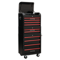 Retro Style Topchest, Mid-Box Tool Chest & Rollcab Combination 10 Drawer - Black with Red Anodised Drawer Pulls AP28COMBO2BR