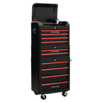Retro Style Topchest, Mid-Box Tool Chest & Rollcab Combination 10 Drawer - Black with Red Anodised Drawer Pulls AP28COMBO2BR