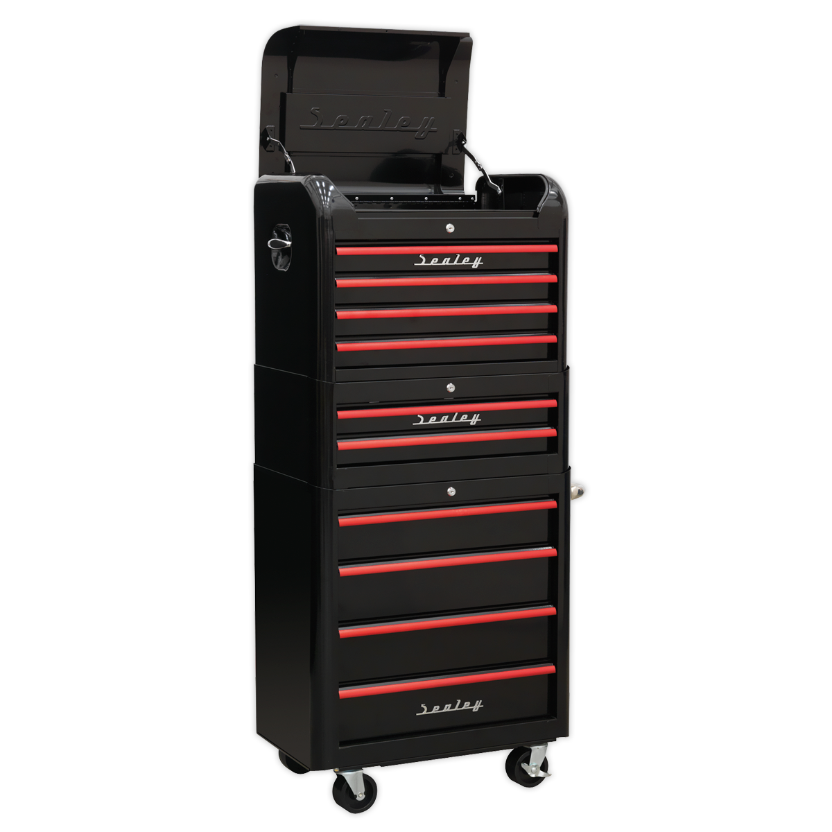 Retro Style Topchest, Mid-Box Tool Chest & Rollcab Combination 10 Drawer - Black with Red Anodised Drawer Pulls AP28COMBO2BR