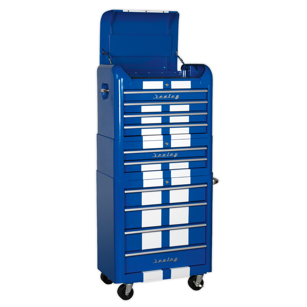 Retro Style Topchest, Mid-Box Tool Chest & Rollcab Combination 10 Drawer - Blue with White Stripes AP28COMBO2BWS