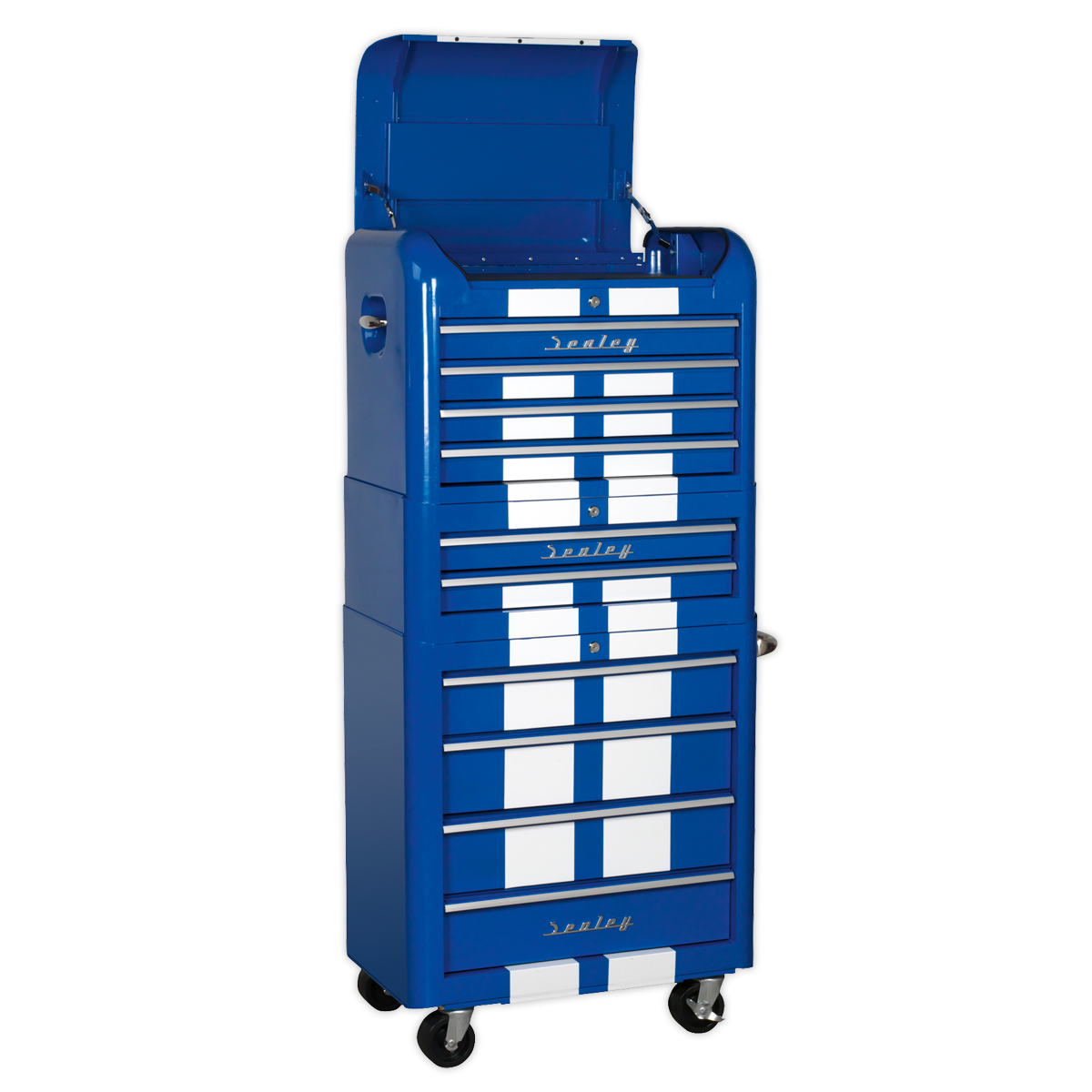 Retro Style Topchest, Mid-Box Tool Chest & Rollcab Combination 10 Drawer - Blue with White Stripes AP28COMBO2BWS