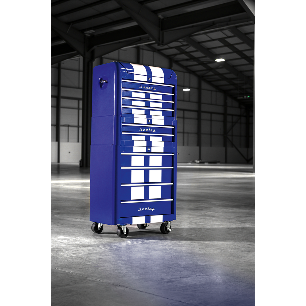 Retro Style Topchest, Mid-Box Tool Chest & Rollcab Combination 10 Drawer - Blue with White Stripes AP28COMBO2BWS
