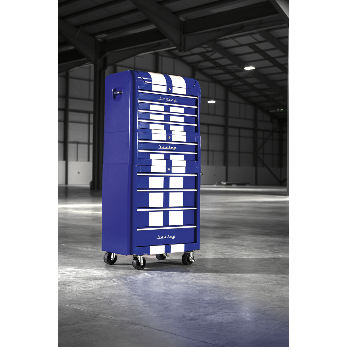 Retro Style Topchest, Mid-Box Tool Chest & Rollcab Combination 10 Drawer - Blue with White Stripes AP28COMBO2BWS