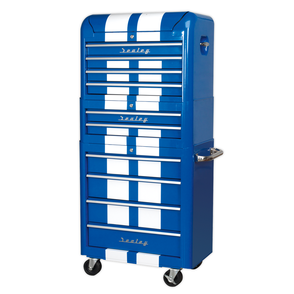 Retro Style Topchest, Mid-Box Tool Chest & Rollcab Combination 10 Drawer - Blue with White Stripes AP28COMBO2BWS