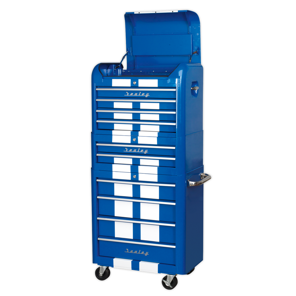 Retro Style Topchest, Mid-Box Tool Chest & Rollcab Combination 10 Drawer - Blue with White Stripes AP28COMBO2BWS