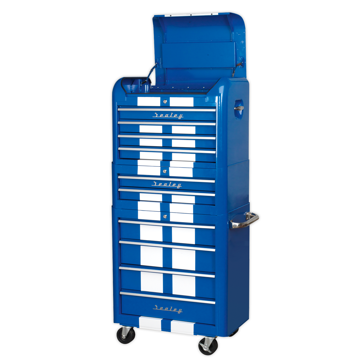Retro Style Topchest, Mid-Box Tool Chest & Rollcab Combination 10 Drawer - Blue with White Stripes AP28COMBO2BWS