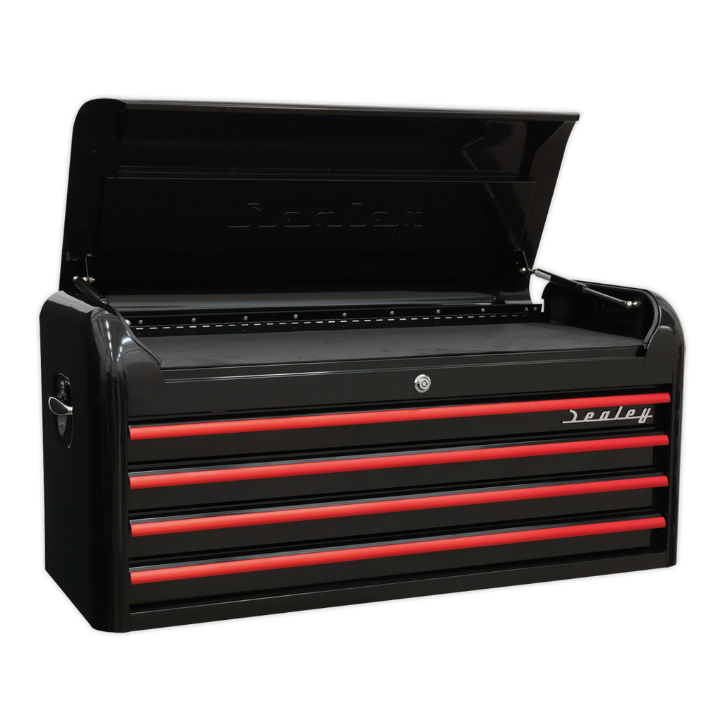Retro Style Wide Topchest 4 Drawer - Black with Red Anodised Drawer Pulls AP41104BR