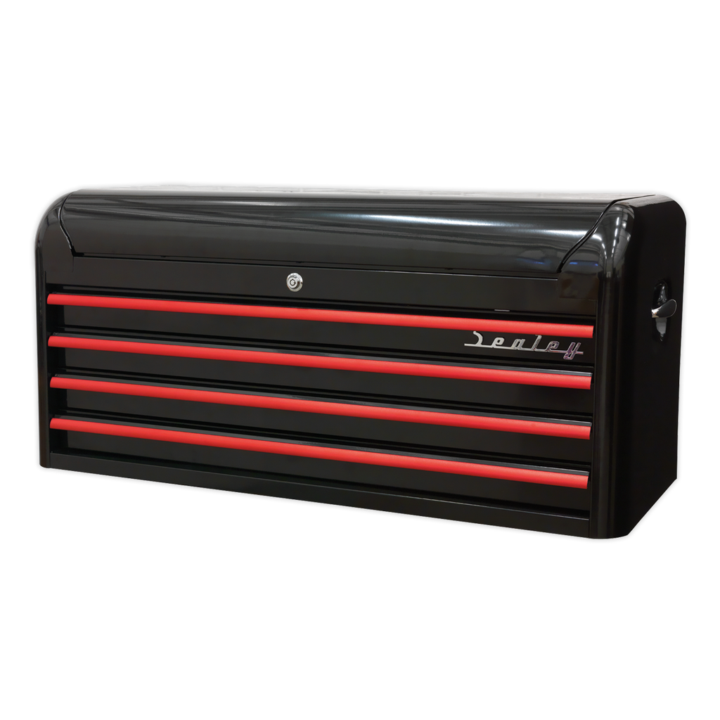 Retro Style Wide Topchest 4 Drawer - Black with Red Anodised Drawer Pulls AP41104BR