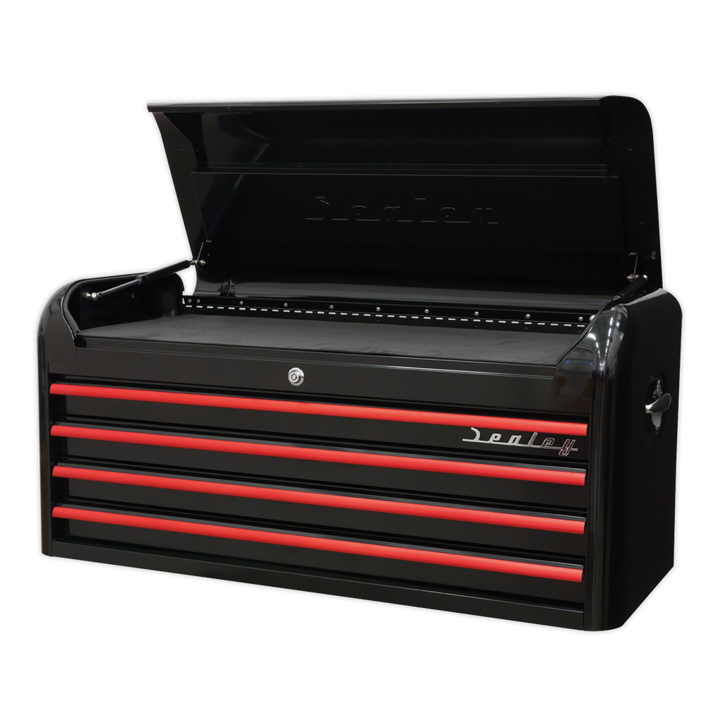 Retro Style Wide Topchest 4 Drawer - Black with Red Anodised Drawer Pulls AP41104BR