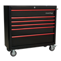 Retro Style Wide Rollcab 6 Drawer - Black with Red Anodised Drawer Pulls AP41206BR