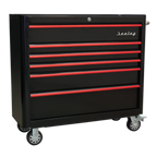 Retro Style Wide Rollcab 6 Drawer - Black with Red Anodised Drawer Pulls AP41206BR