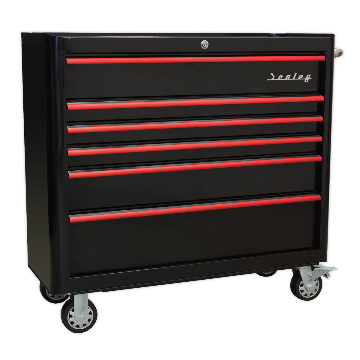 Retro Style Wide Rollcab 6 Drawer - Black with Red Anodised Drawer Pulls AP41206BR