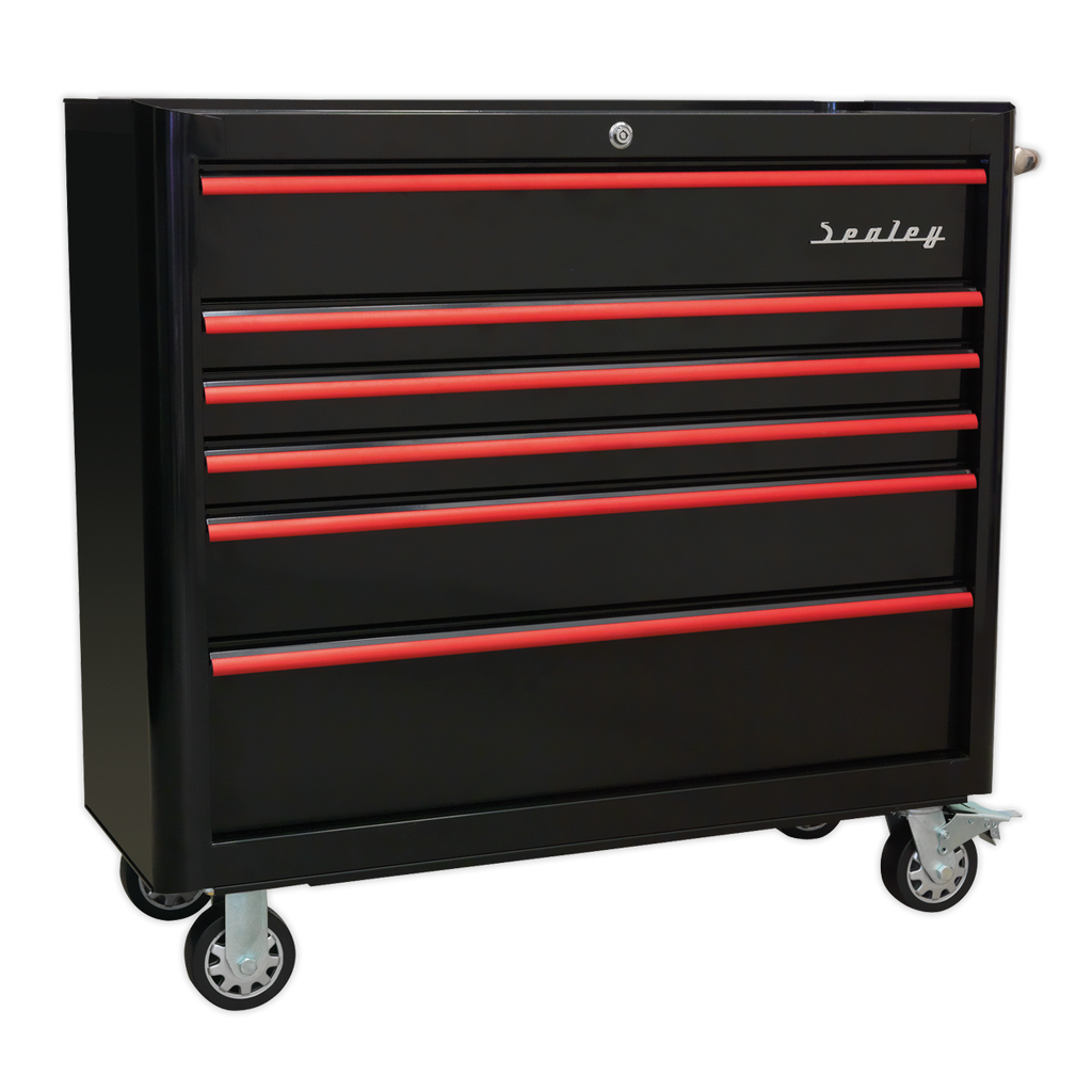 Retro Style Wide Topchest & Rollcab Combination 10 Drawer - Black with Red Anodised Drawer Pulls AP41COMBOBR