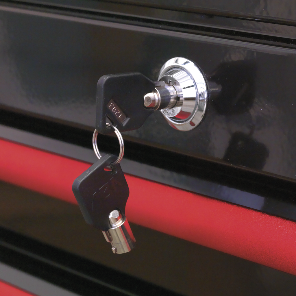 Retro Style Wide Rollcab 6 Drawer - Black with Red Anodised Drawer Pulls AP41206BR