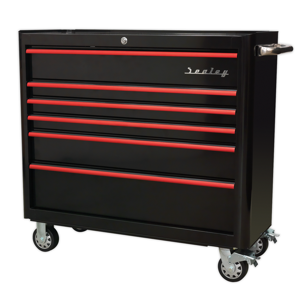 Retro Style Wide Rollcab 6 Drawer - Black with Red Anodised Drawer Pulls AP41206BR