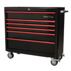 Retro Style Wide Rollcab 6 Drawer - Black with Red Anodised Drawer Pulls AP41206BR