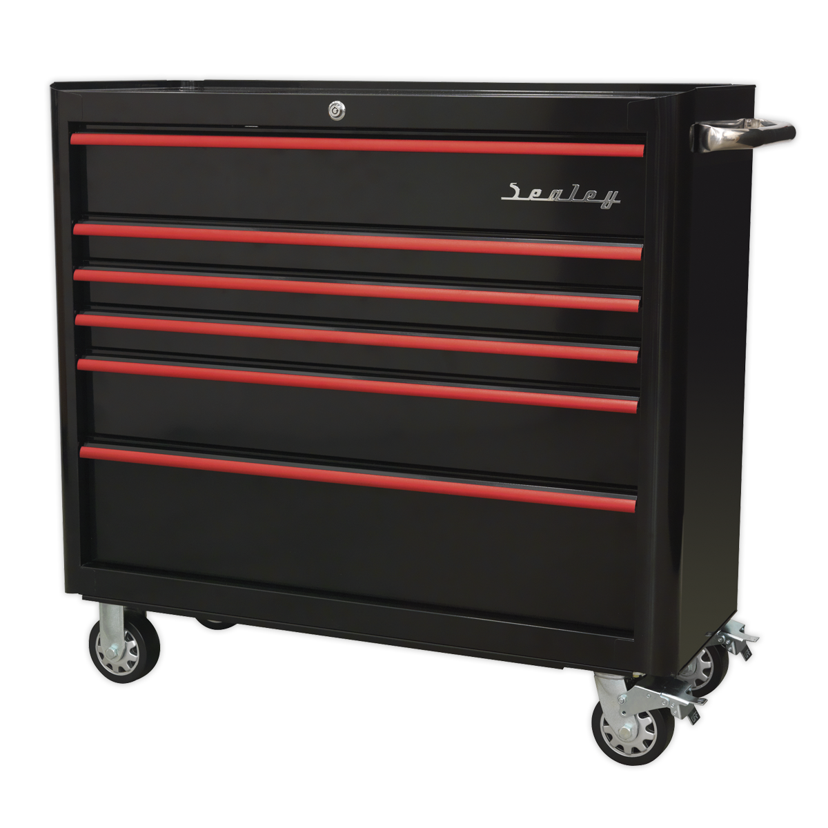 Retro Style Wide Rollcab 6 Drawer - Black with Red Anodised Drawer Pulls AP41206BR