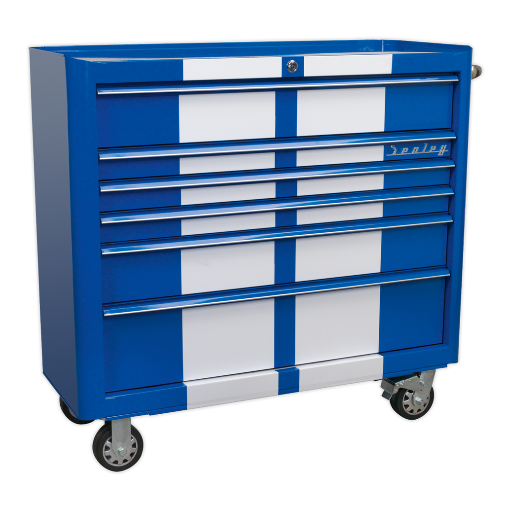 Retro Style Wide Rollcab 6 Drawer - Blue with White Stripes AP41206BWS