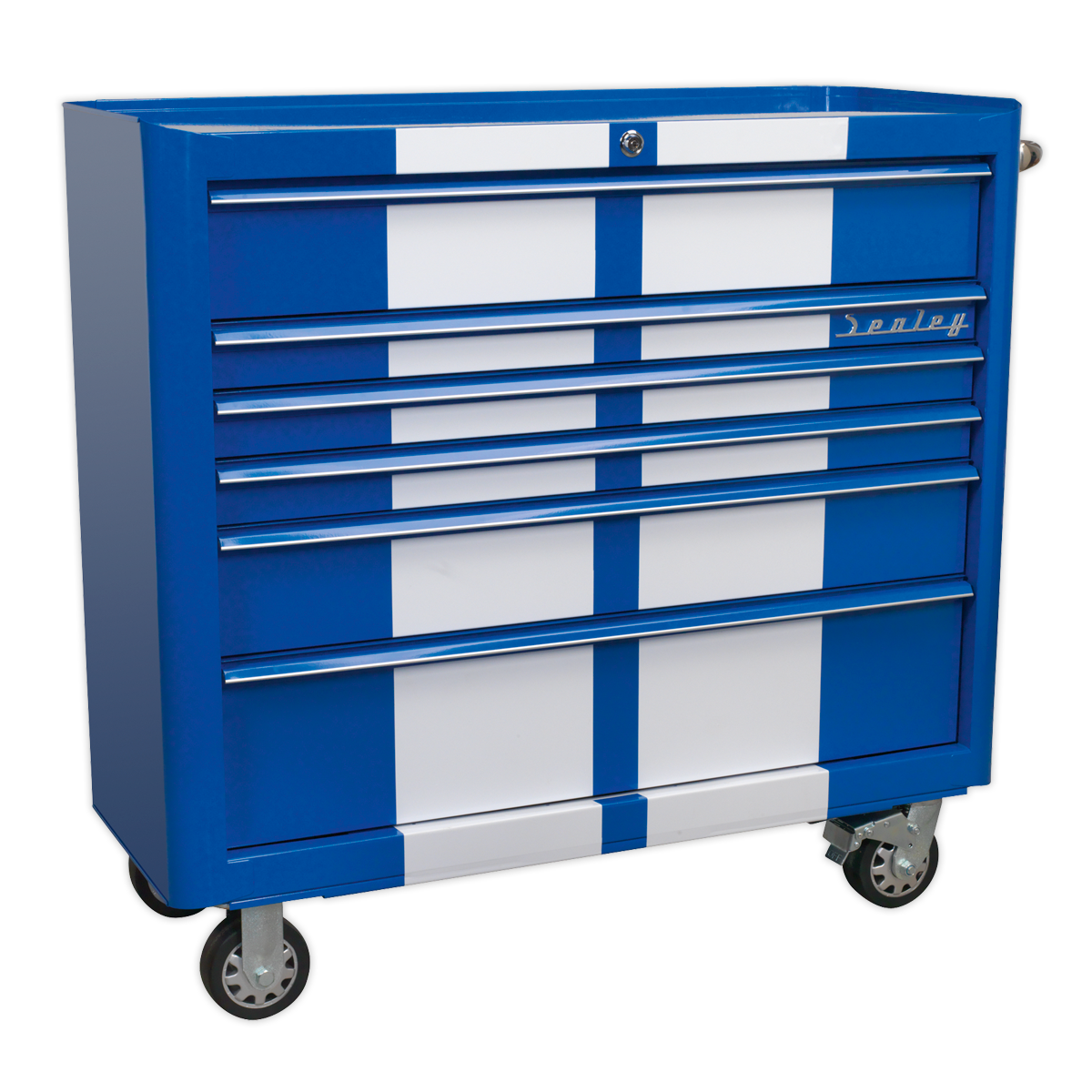 Retro Style Wide Rollcab 6 Drawer - Blue with White Stripes AP41206BWS