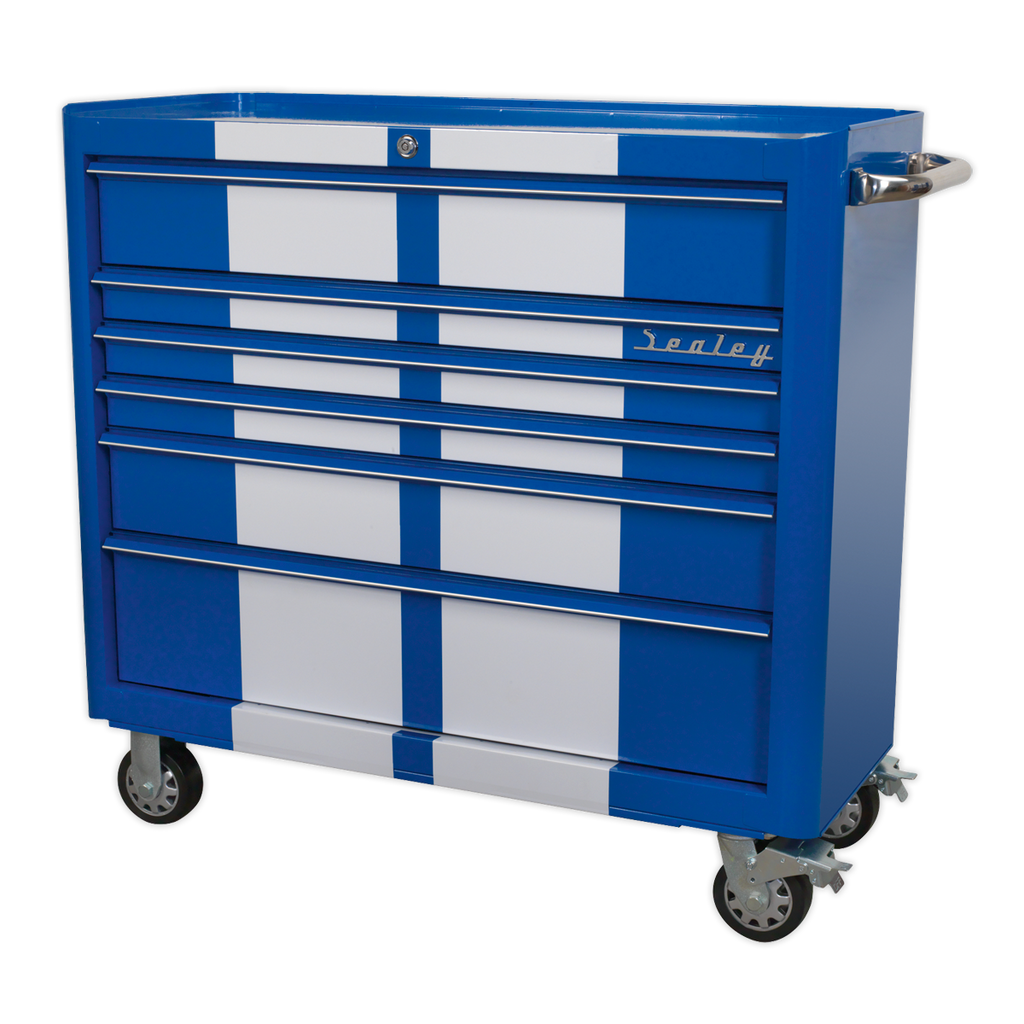 Retro Style Wide Rollcab 6 Drawer - Blue with White Stripes AP41206BWS