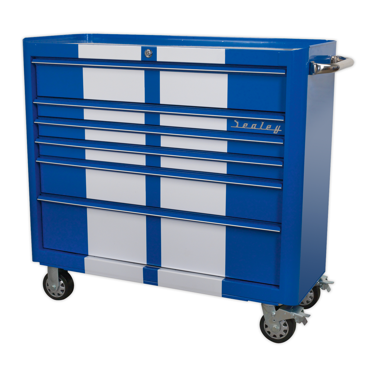 Retro Style Wide Rollcab 6 Drawer - Blue with White Stripes AP41206BWS